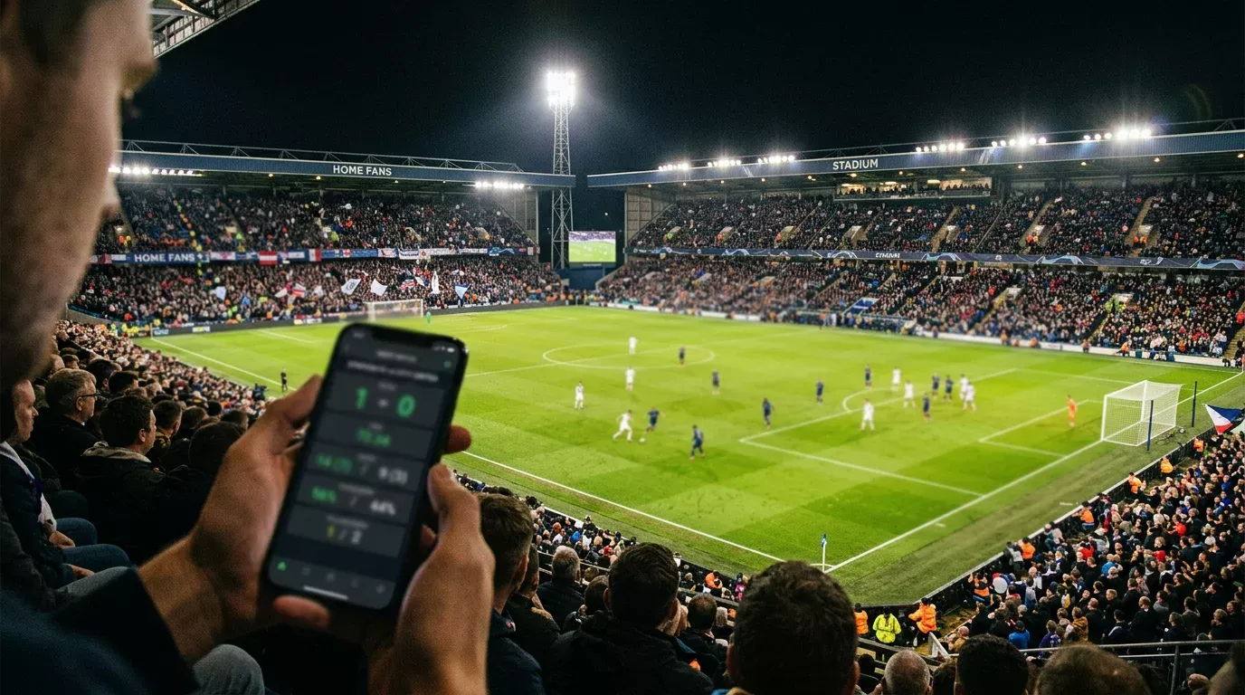 Pantalla de estadísticas de fútbol en directo en un estadio durante un partido nocturno