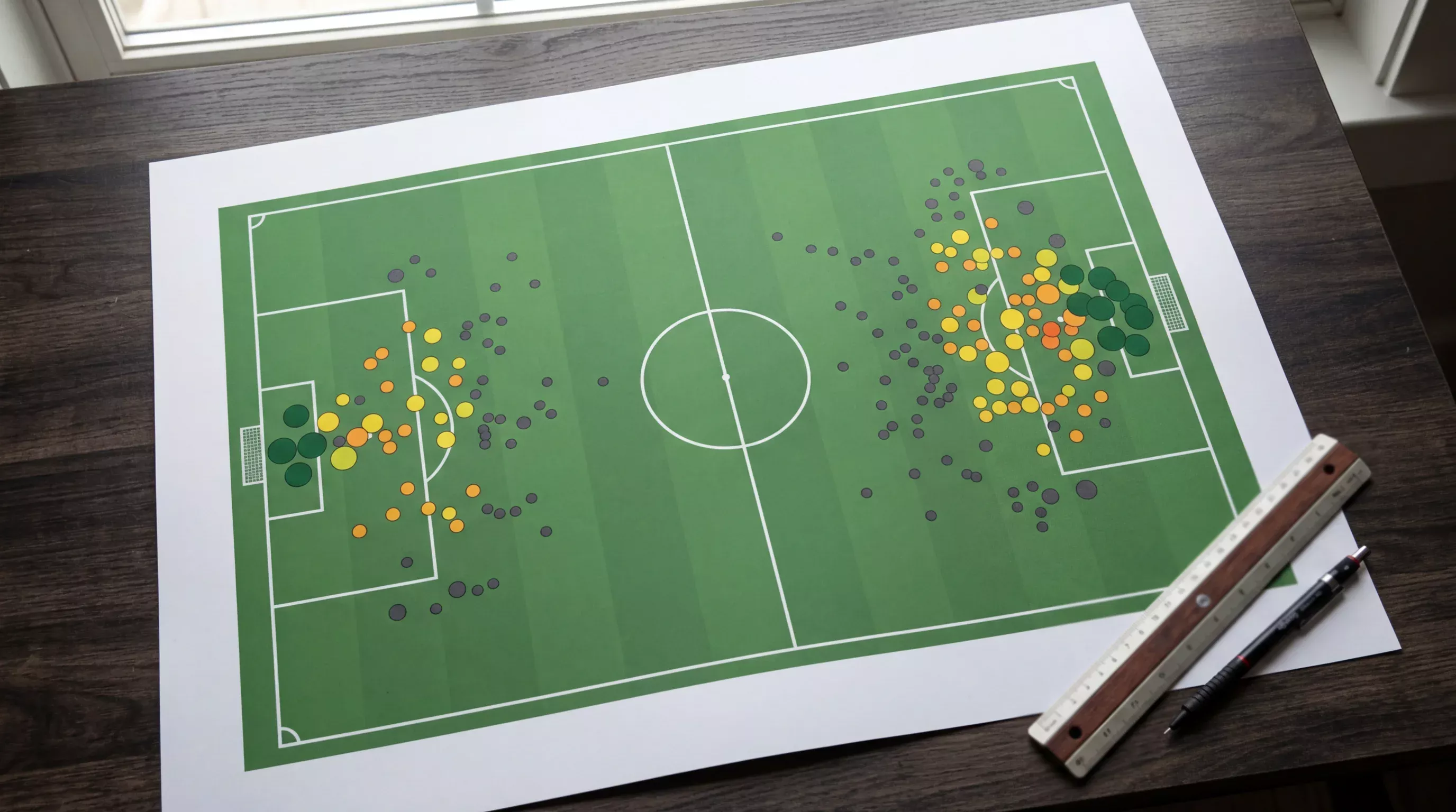 Mapa de tiros con expected goals xG sobre un campo de fútbol