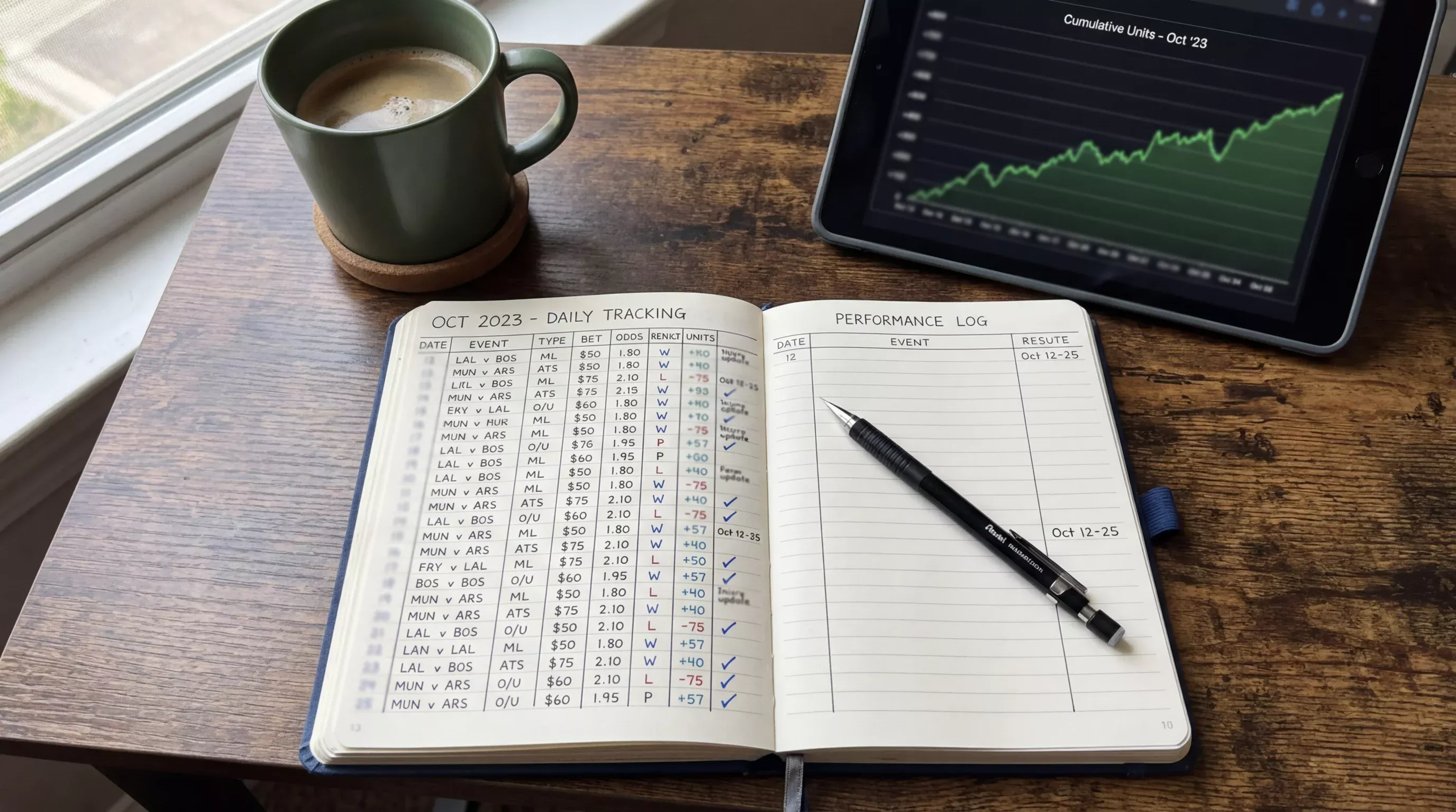 Cuaderno de registro de apuestas deportivas con anotaciones de stake y rendimiento