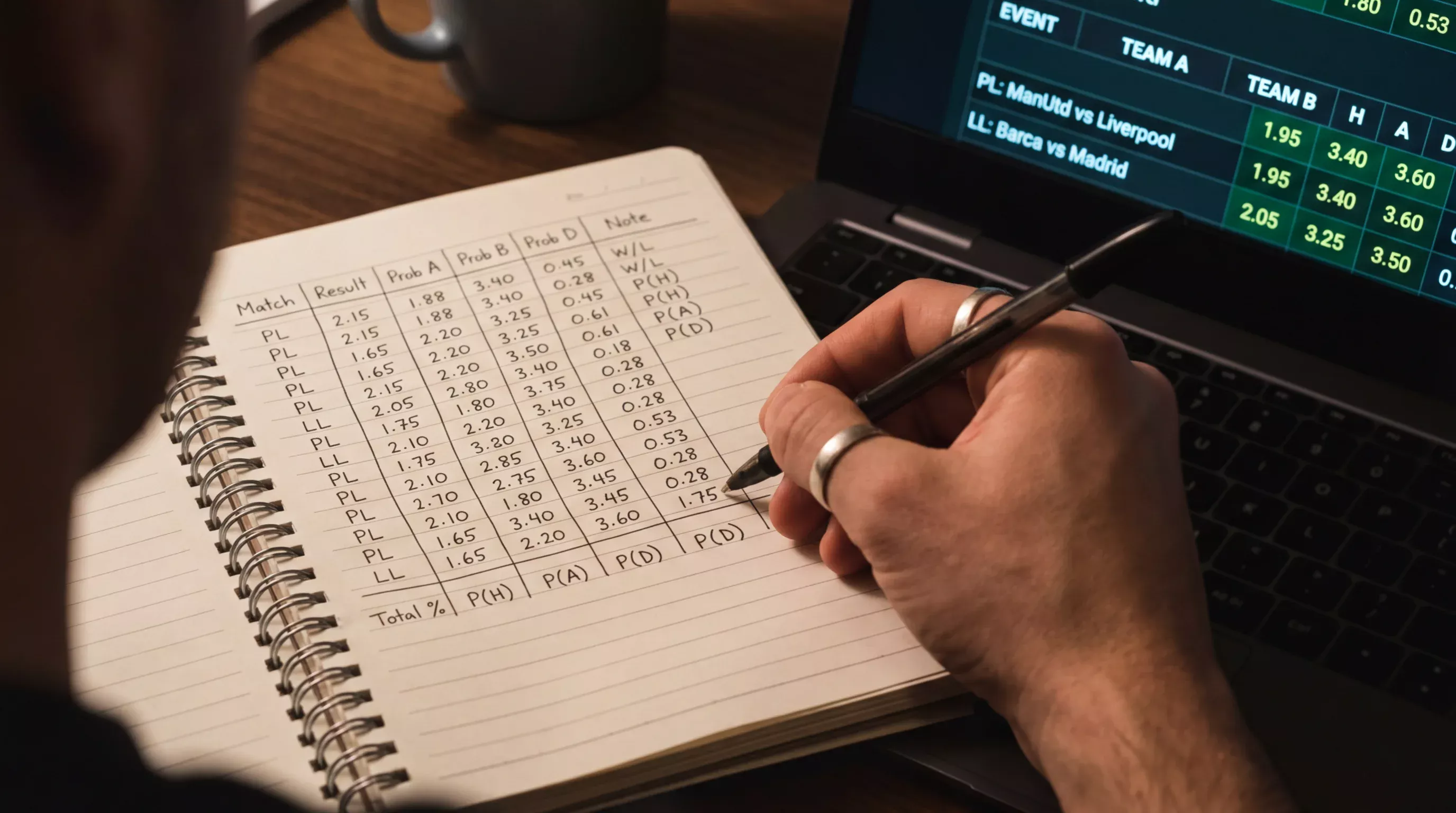 Analista de apuestas de fútbol calculando el expected value en una hoja de datos